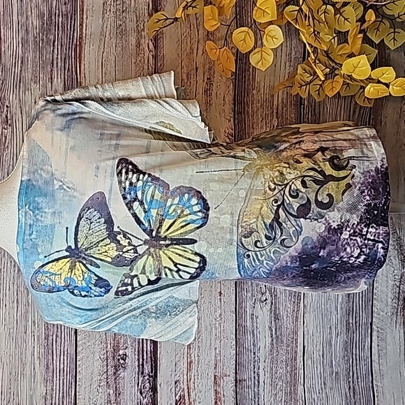 STYLE & CO BLUE YELLOW BUTTERFLY FLUTTER SLEEVE PULLOVER TOP - Picture 7 of 13